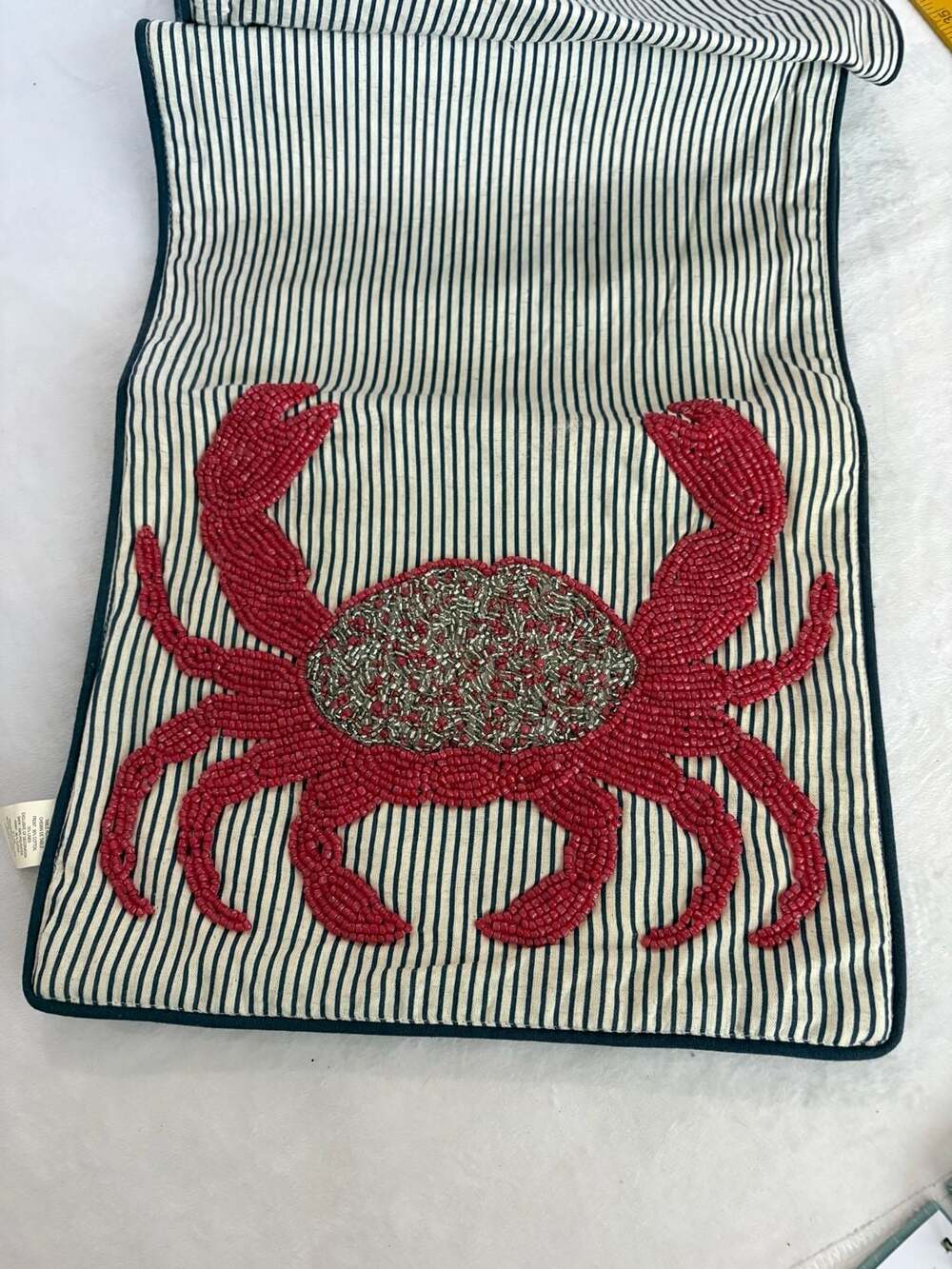 Pier 1 Imports Blue and White Striped Beaded Red Crab Coastal Table Runner